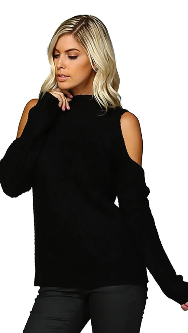 Cold Shoulder Mock Turtleneck Sweater Black