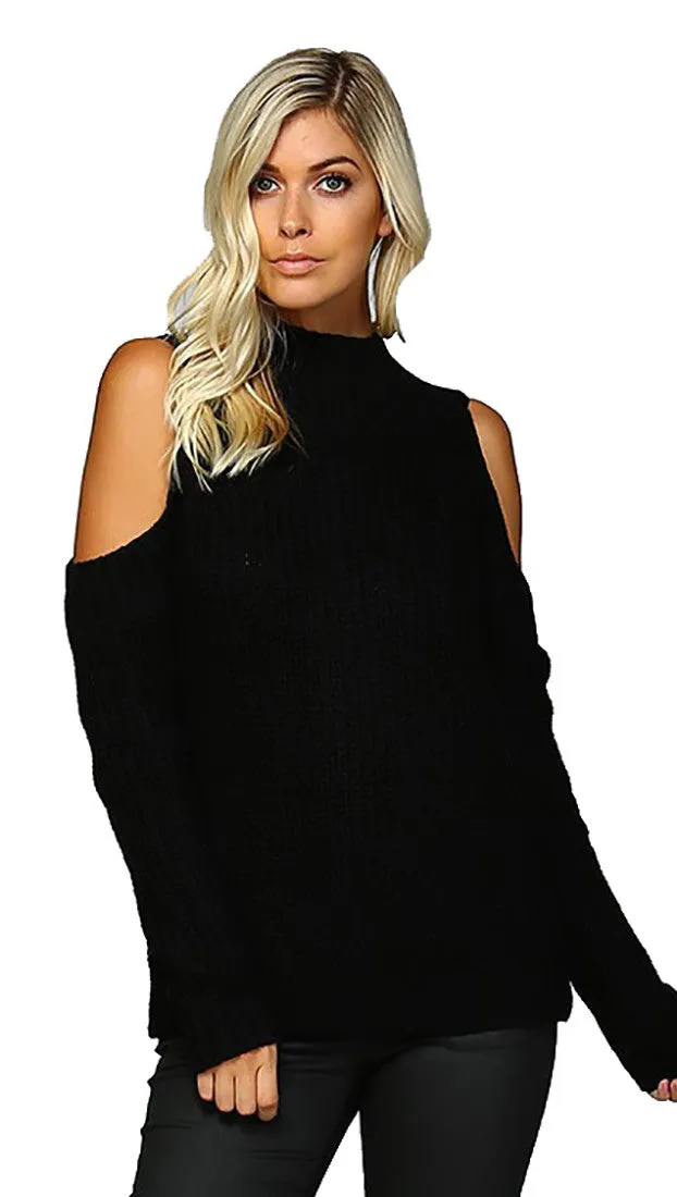 Cold Shoulder Mock Turtleneck Sweater Black