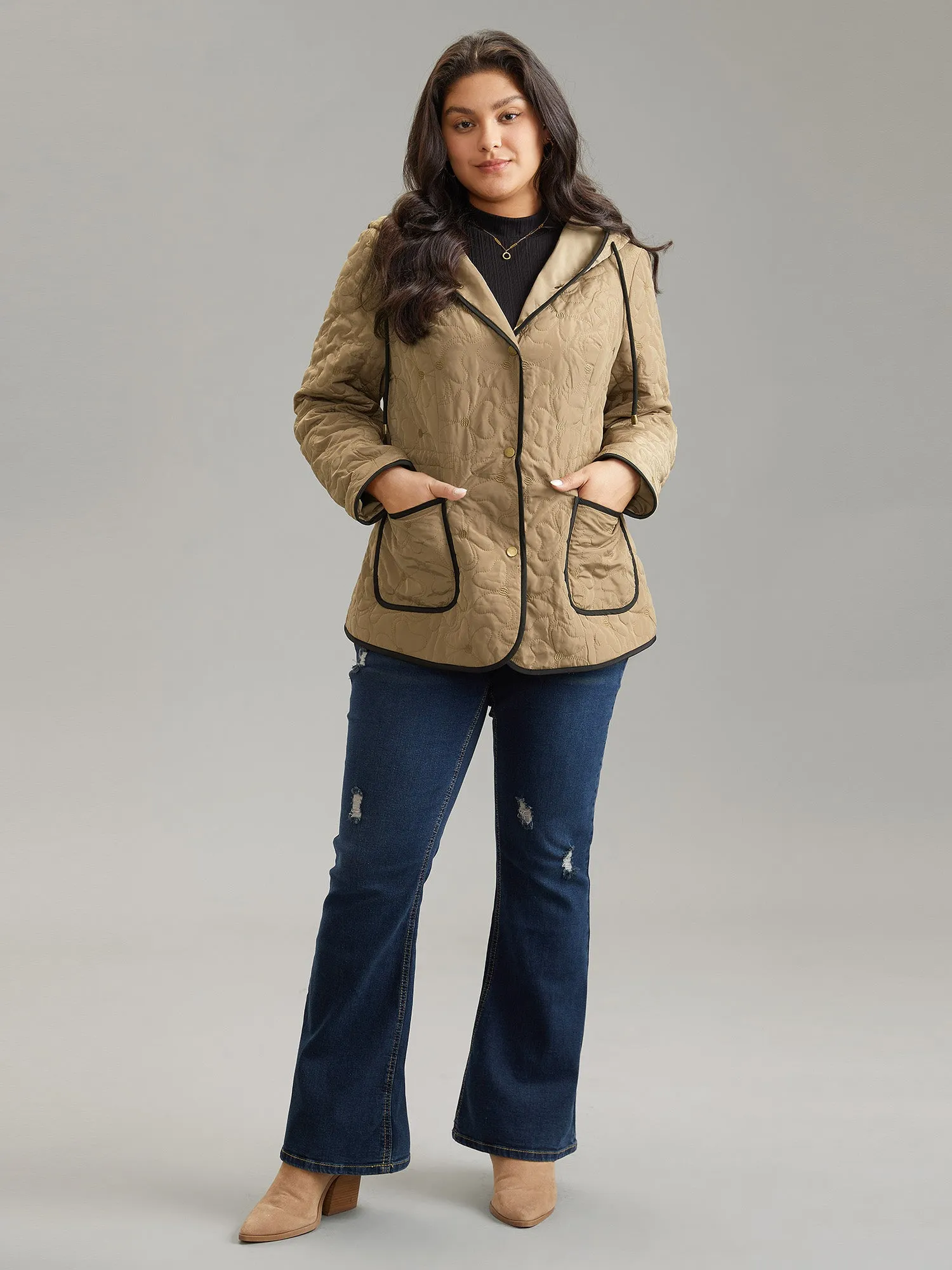 Contrast Trim Drawstring Quilted Padded Jacket