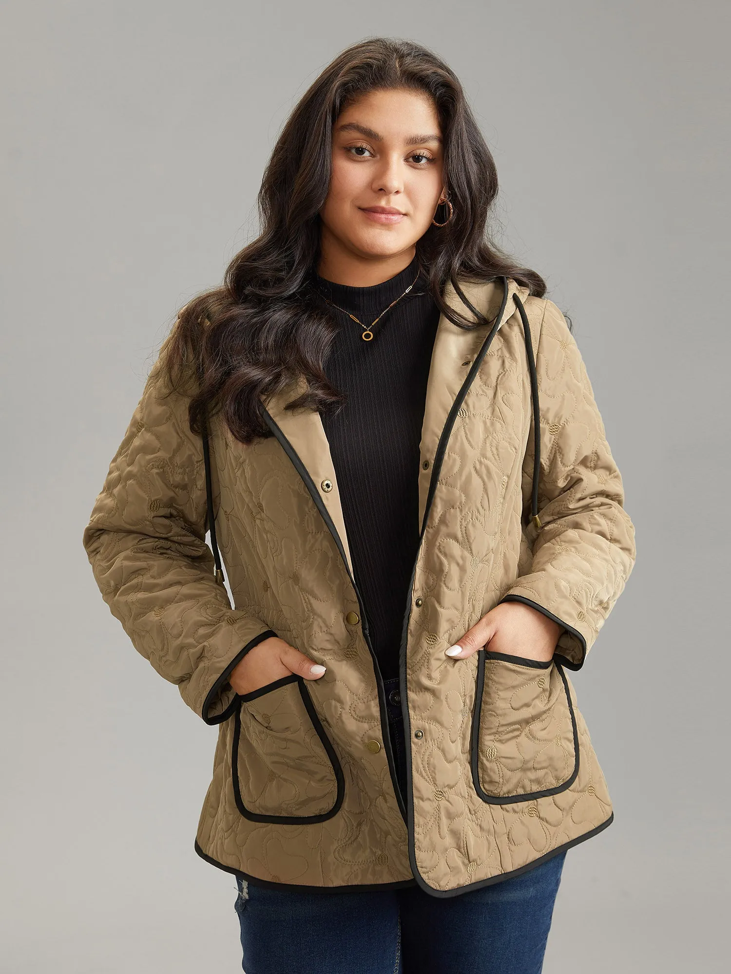 Contrast Trim Drawstring Quilted Padded Jacket