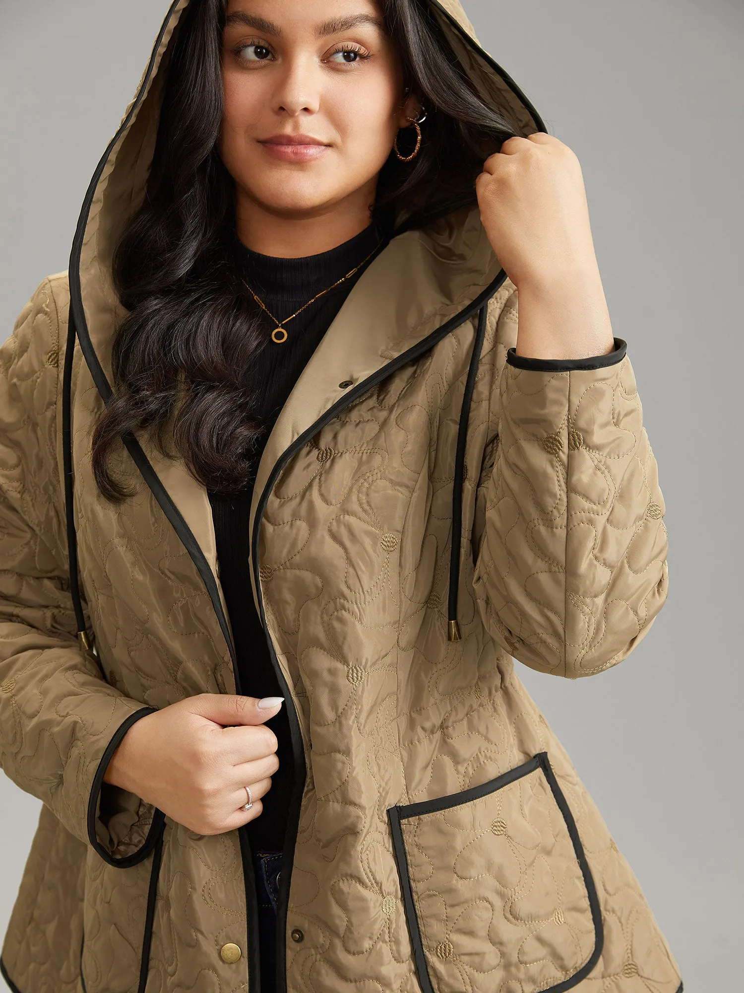 Contrast Trim Drawstring Quilted Padded Jacket