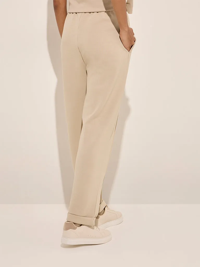 LOV Beige Solid Mid-Rise Track Pants
