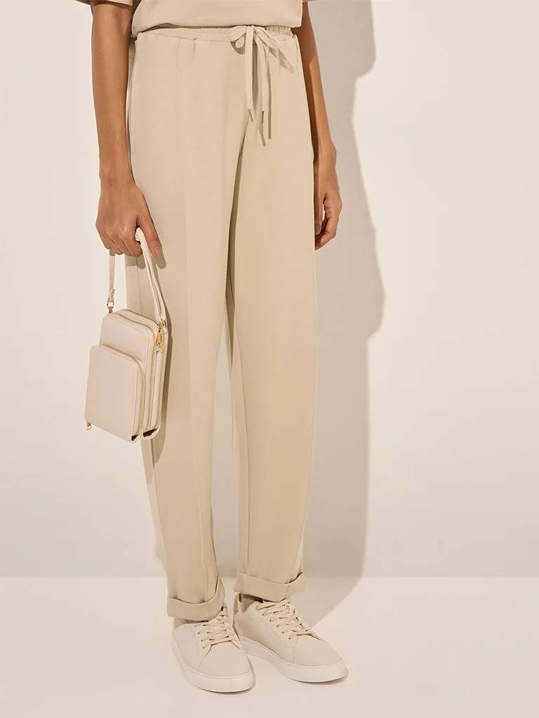 LOV Beige Solid Mid-Rise Track Pants