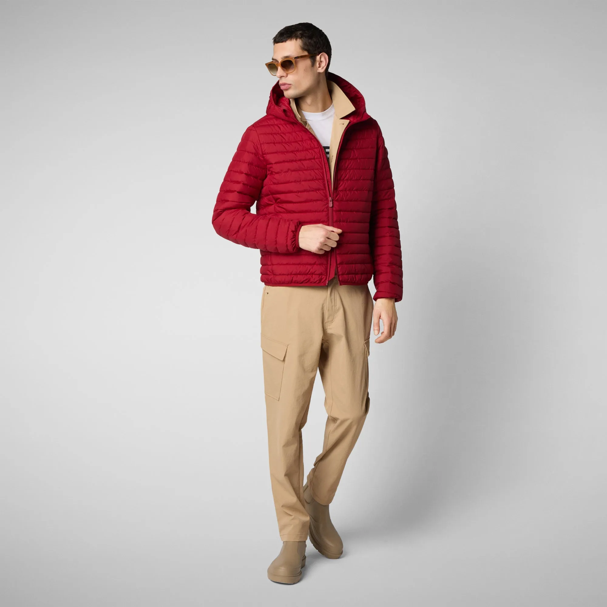 Man's  hooded animal free puffer jacket cael in dark red