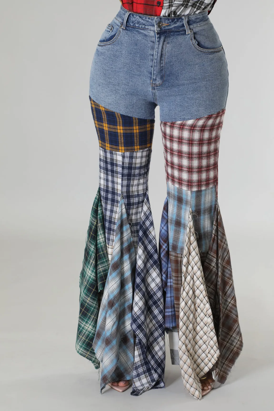 Plaid Patchwork Fit and Flare Denim