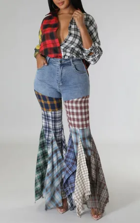 Plaid Patchwork Fit and Flare Denim