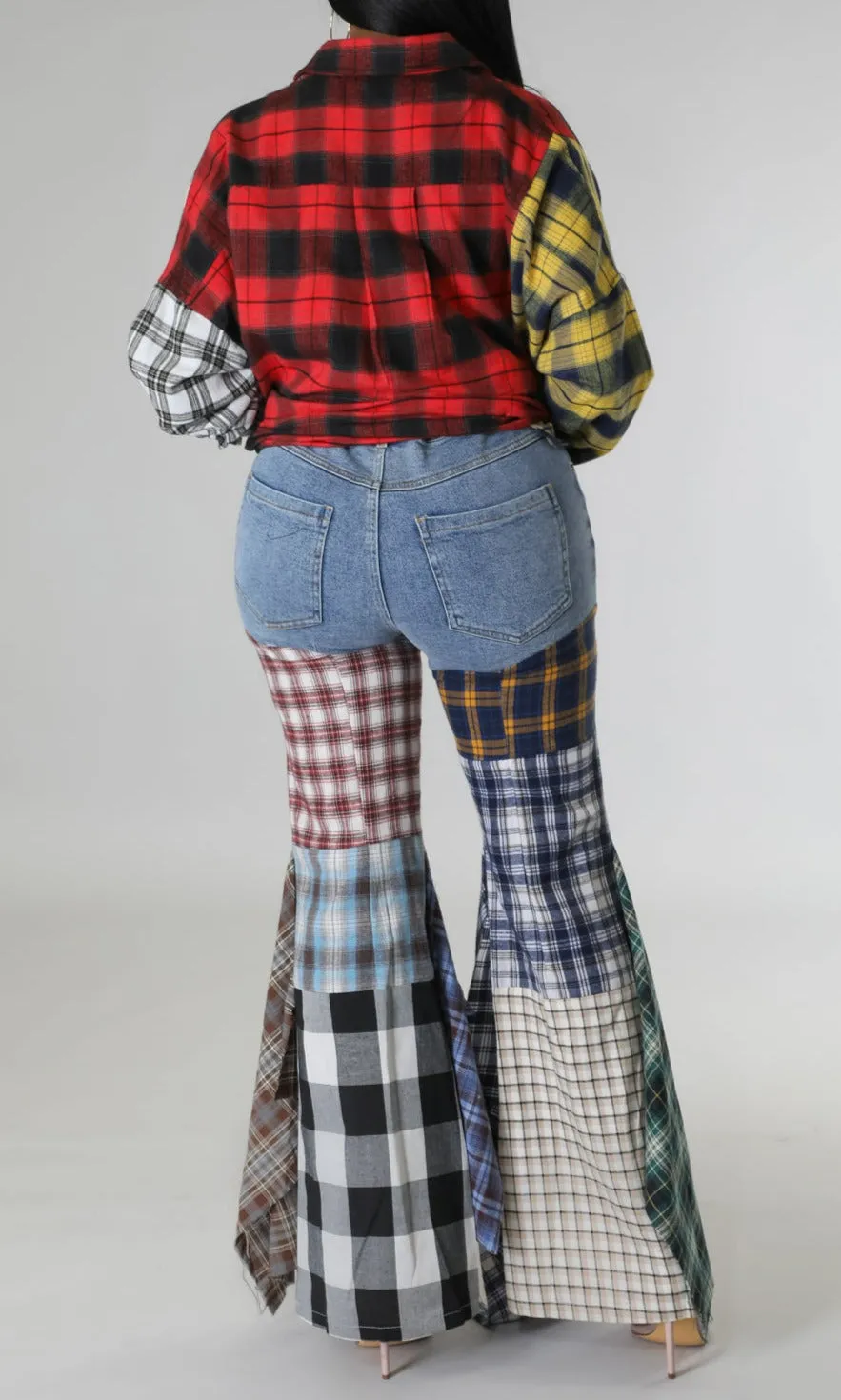 Plaid Patchwork Fit and Flare Denim