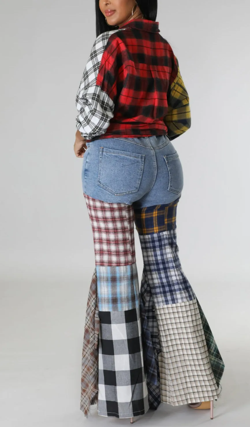 Plaid Patchwork Fit and Flare Denim