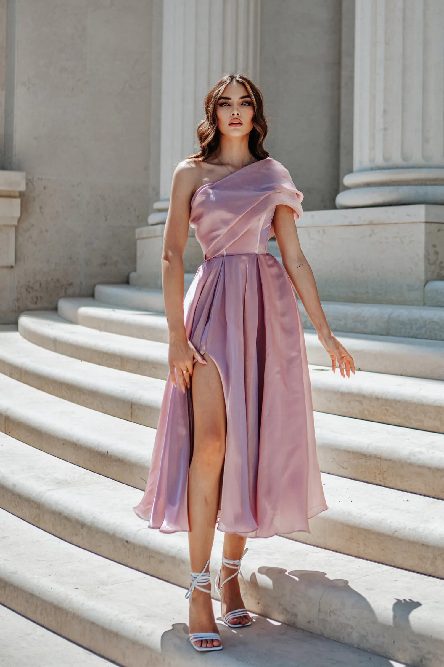 Tina Holly Couture TK315 Musk Silk Satin One Shoulder Pleated Draped Sleeve With An A-Line Skirt Formal Dress