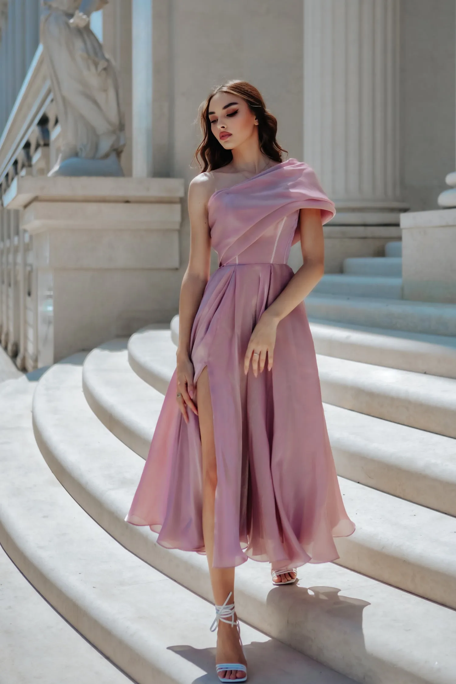 Tina Holly Couture TK315 Musk Silk Satin One Shoulder Pleated Draped Sleeve With An A-Line Skirt Formal Dress