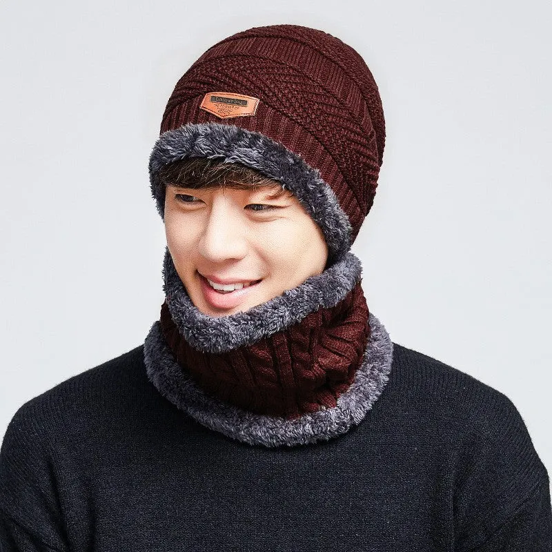 Warm Winter Knit Beanie Hats Scarf Two-Piece Set Men and Women Windproof Thickening Fleece Lined Unisex