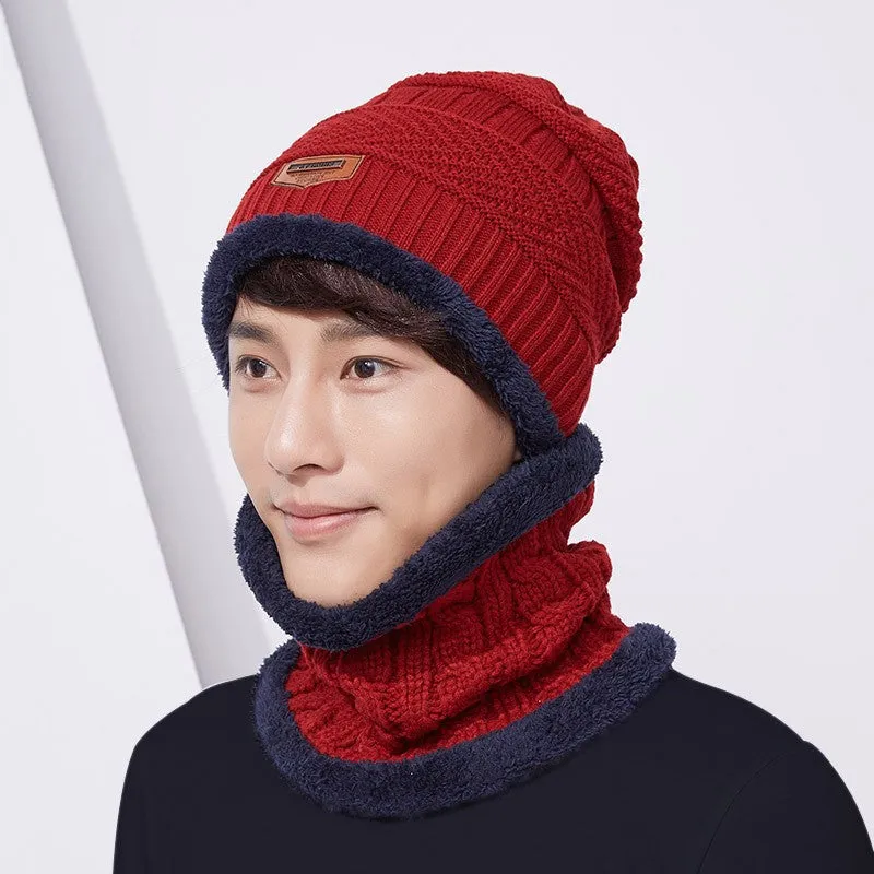 Warm Winter Knit Beanie Hats Scarf Two-Piece Set Men and Women Windproof Thickening Fleece Lined Unisex