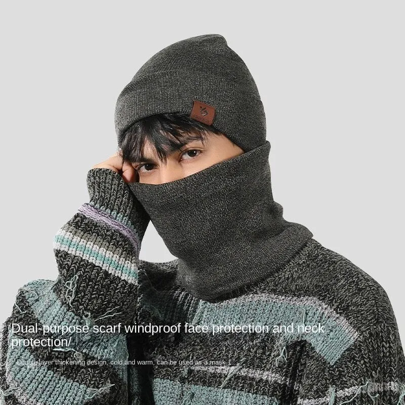 Warm Winter Knit Beanie Hats Scarf Two-Piece Set Men and Women Windproof Thickening Fleece Lined Unisex