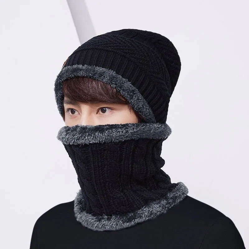 Warm Winter Knit Beanie Hats Scarf Two-Piece Set Men and Women Windproof Thickening Fleece Lined Unisex