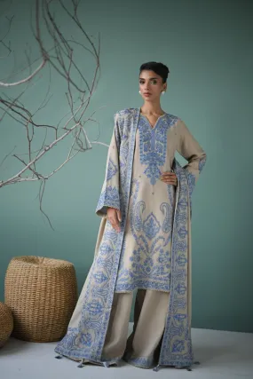 ZAIB - IVORY BEIGE LUXURY EMBROIDERED KARANDI SET (NEL-24638) - 3 Piece