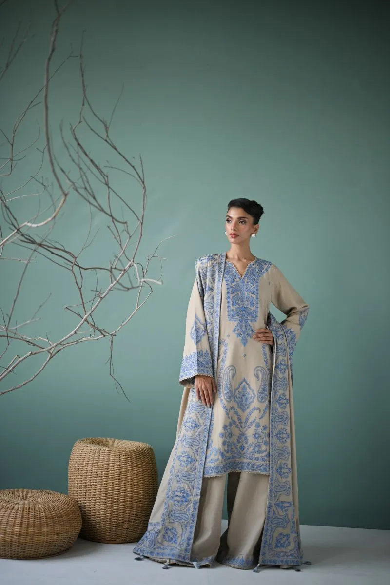 ZAIB - IVORY BEIGE LUXURY EMBROIDERED KARANDI SET (NEL-24638) - 3 Piece